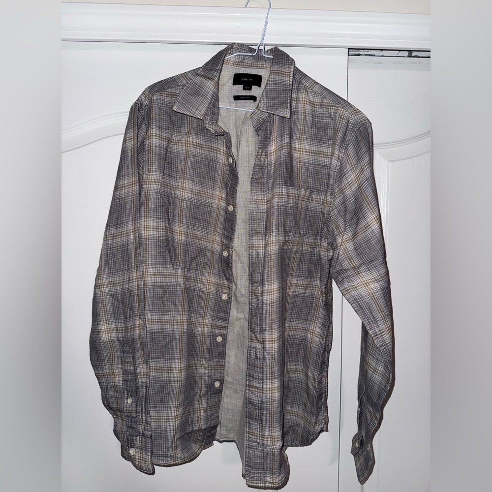 Vince Men’s Dbl Face Shadow Plaid Shirt in Gray and Tan - Size XS NWT